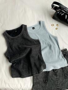 Comfortcana Bộ 2 áo hai dây dệt kim nhuộm loang - Xám - Xem 3