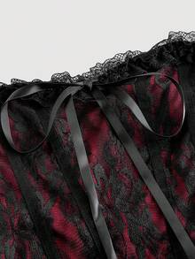 SHEIN MOD Áo corset buộc dây ren màu tương phản phong cách ma cà rồng gợi cảm cho nữ, trang phục mùa thu cho nữ, trang phục mùa đông, trang phục Halloween, váy đồng quê cho nữ, áo đi chơi, thập niên 90, phong cách Goth, áo đi chơi - Đỏ và đen - Xem 3