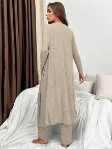 Women Long Robe, Short Sleeve Top And Long Pants Pajama Set Three Piece Lounge Set Loungewear, Fall Winter Clothes, Cozy Outfit - Khaki - View 2