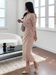 DAZY Women V-Neck Waist Cinched Mid-Length Shirt Dress