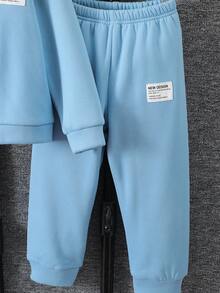 Young Boy Casual Letter Patch Button-Up Jacket And Pants Set, Autumn Fall Winter - Blue - View 5