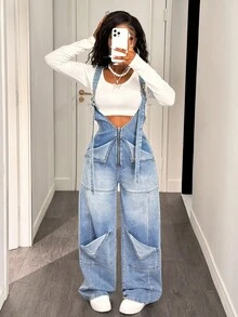 Slaydiva Women's Denim Overalls And Jumpsuits Loose Straight Overalls Light Blue Denim Jumpsuit Fall Women Clothes Winter Clothes Halloween Goth Alternative Y2K Fashionable Street Wear Baggy Jeans Y2k Jean Overalls Curve Overalls Denim Jumpsuits For Woman - Light Wash - View 3