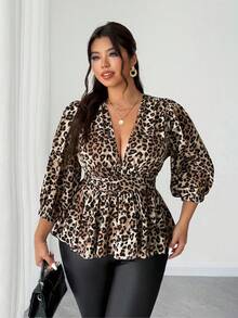 Elenzga 大码女式性感V领灯笼袖荷叶边上衣，度假风格，春秋季 - 棕色 - 查看 5