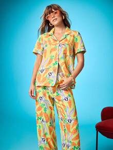 Chillnights X LOONEY TUNES Cartoon Pattern Short Sleeve Top & Pants Women Pajama Set Women Pajamas Bunny Pajamas Carrot Pajamas Printed Pajamas Cartoon Pajamas - Multicolor - View 3