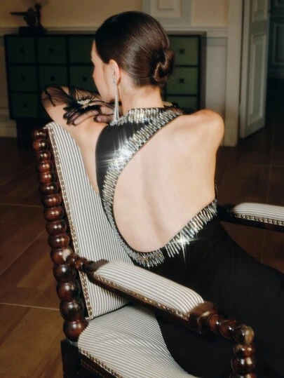  ANEWSTA 女式高端不对称露背设计闪亮水钻装饰无袖连衣裙