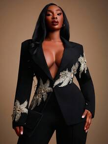 Radiana 女士优雅奢华黑色西装套装 - 金线刺绣西装外套 + 黑色长裤，两件套。精致的3D立体花卉刺绣装饰，适合商务、会议、宴会、派对和正式场合。 - 黑色 - 查看 10