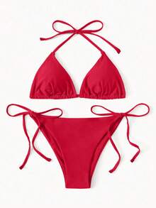 Swim Basics 2pcs Reversible Triangular Cup Tie Side Bikini Swimsuit - Red - View 5