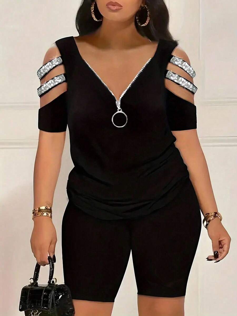 Maweii Kích thước lớn Của phụ nữ Off-shoulder Lấp lánh Bím tóc Nối Bộ - màu đen - Xem 1