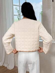 SHEIN Frenchy Casaco Longo de Manga Comprida com Bolso Frontal, Recorte Contrastante e Acolchoado para Mulheres