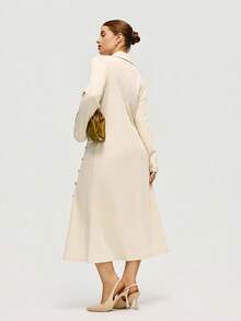 Calvaya Plus Size Women's Solid Color Long Sleeve Button Design Fitted Textured Bodycon Elegant Dress Fall Cloth For Women - Apricot - View 2