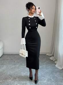 Elenzga Women's Elegant Ruffle Trim Contrast Color Button Knit Bodycon Long Dress, Office Wear Work Dress, Little Black Dress, Autumn Fall Cloth For Women, Christmas