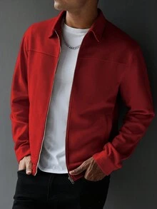 Manfinity Homme 男士简约纯色口袋长袖夹克，适合日常穿着；男士红色拉链夹克；男士拉链夹克；男士休闲夹克；秋季 - 紅色 - 查看 6