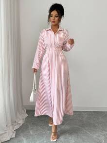 Elenzga Women's Casual Striped Self-Tie Waist Button Front Shirt Dress, Autumn Maxi Women Outfit