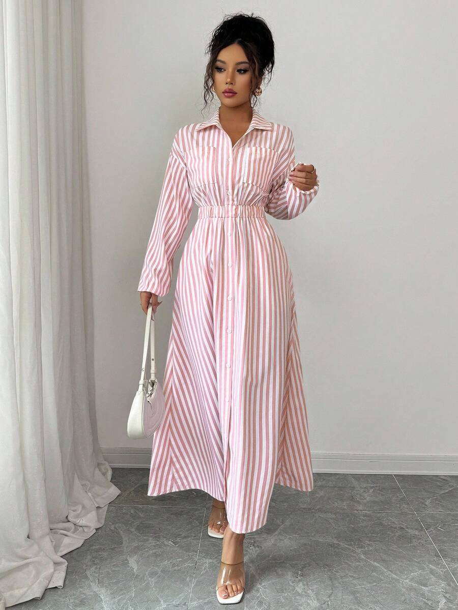 Elenzga Women's Casual Striped Self-Tie Waist Button Front Shirt Dress, Autumn Maxi Women Outfit