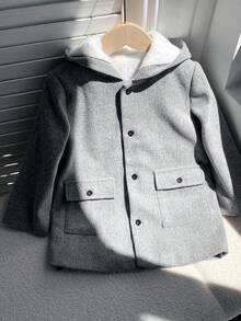 SHEIN 年轻男孩灰色保暖内衬休闲舒适百搭纯色加厚连帽夹克，适合冬季，学院风，英伦绅士复古 - 灰色 - 查看 6