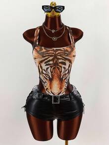 Amplova Body de mujer talla grande con escote pronunciado y estampado de tigre