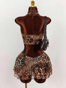 Y2K Amplova Women Super Wild Leopard Print Tube Top Ruffled Sleeveless Top And Pleated Ruffled Mini Skirt Two-Piece Set ,Versatile And Suitable For Parties And Daily Wear Cheetah Set Leopard Print Two Piece Set Animal Print Two Piece Set Cheetah Print Two Piece Set Leopard Set - Multicolor - View 2