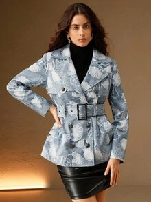 Anewsta 时尚现代 PU 贴片印花仿牛仔女式夹克，适合秋季、冬季、外出、优雅、正式、派对、别致、新年、女式冬季外套、圣诞节、工作 - 藍色 - 查看 3