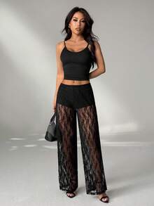 SHEIN PETITE Women's Elastic Waist Floral Lace Straight Loose Fashion Pants - Black - View 7