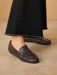 MOTF 女士 PU 皮革乐福鞋，复古英伦风，优雅奶奶平底鞋 - 咖啡棕 - 查看 8