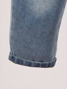 SHEIN Bộ 2 món/Bộ trang phục thời trang cho bé trai - Áo nỉ cổ tròn tay dài màu đen và quần dài denim túi giả, thiết kế tối giản giản dị, thích hợp mặc hàng ngày, đi học, du lịch, nghỉ lễ, thư giãn, tắm nắng, mùa hè - màu nâu - Xem 3