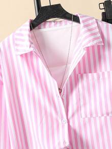 Sparklyn 3 件套青少年女孩休闲装，条纹宽松长袖衬衫 + 白色针织背心 + 黑色阔腿裤，适合日常穿着和度假 - 粉色 - 查看 5