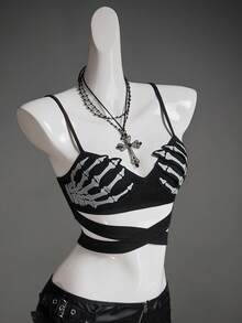 SHEIN ICON Women's Halloween Skeleton Hand Reflective Chest Print Bodycon Camisole Sexy Hollow Out,Black Tops - Black - View 7