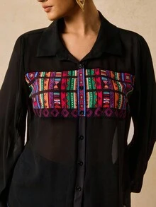 SHEIN VCAY Plus Size Women's Black Chiffon Blouse,Boho Print Long Sleeve Shirt For Autumn Summer,Dinner Tops,Fall Clothes Blouses For Women New - Black - View 5