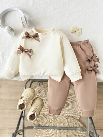 SHEIN Vintaside Kids 2件套女婴秋冬新款紫红色和粉色休闲可爱蝴蝶结装饰长袖运动衫上衣和裤子套装