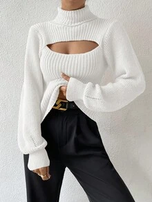 SHEIN x Carly Lawrence SHEIN Allurite 女士高领镂空长袖修身毛衣 - 白色 - 查看 7