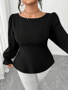 Elenzga 大码女式纯色泡泡袖蝴蝶结露背优雅休闲衬衫，夏秋季 - 黑色 - 查看 8