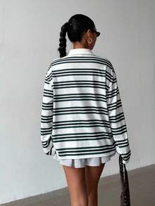 SHEIN GLOWZI 青少年女孩休闲日常绿色条纹印花 Polo 领长袖针织 T 恤，春秋 - 綠色 - 查看 6