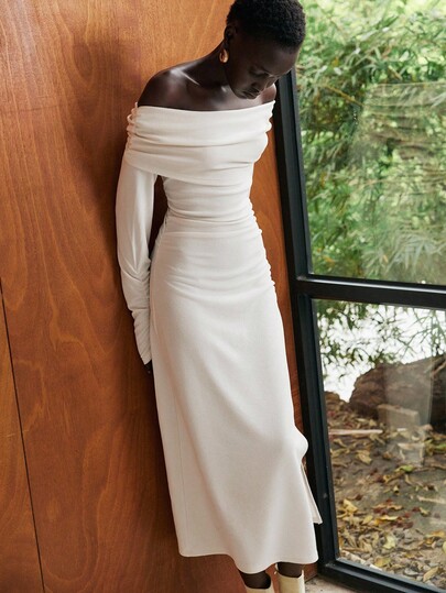 Lumivelle Elegante y de moda vestido minimalista con hombros descubiertos, solapa grande, cintura, mangas y dobladillo con pliegues en forma de A con abertura para mujeres jóvenes, otoño/invierno