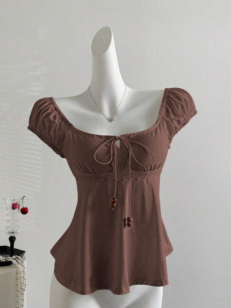 Sweetra Áo thun tay ngắn viền rộng đính ngọc trai trang trí mùa hè cho nữ - màu nâu - Xem 1