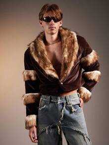 FeverCity Herren Lässige flauschige Fake-Pelz Kragen Langarm Jacke, Winter - Kaffeebraun - Übersicht 3