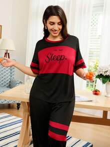 SHEIN 拼色字母印花大码睡衣套装 - 黑色 - 查看 5
