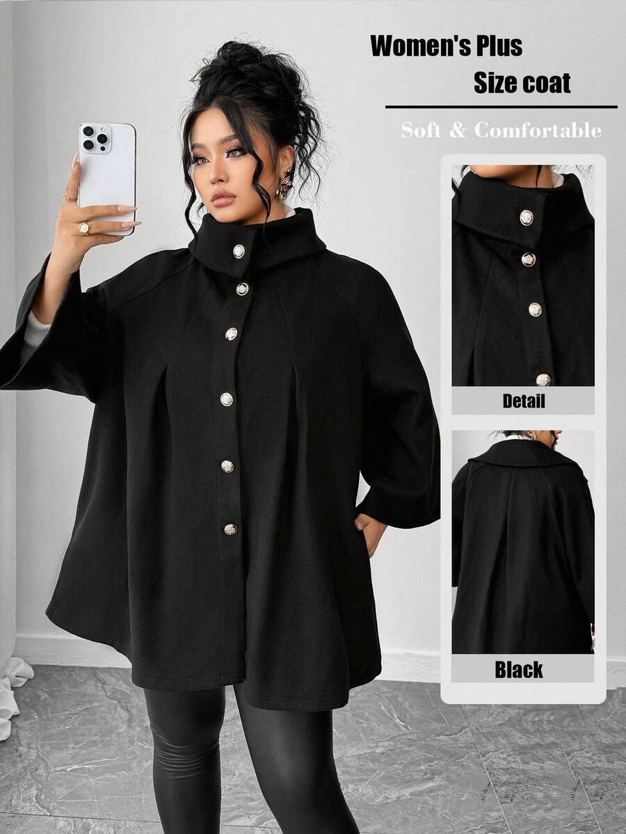 SHEIN Tall CURVE Vải len mùa đông thanh lịch và giản dị dành cho phụ nữ ngoại cỡ - màu đen - Xem 1