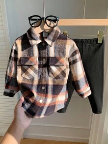 2 Stück Baby Mädchen Retro Karomuster Flanell Hemd Jacke mit Kragen und Knöpfen & Dicke Hose mit elastischem Bund, geeignet für den Winter