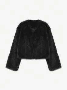 DAZY V领修身高端仿皮草女式外套，秋冬女装大衣 - 黑色 - 查看 8