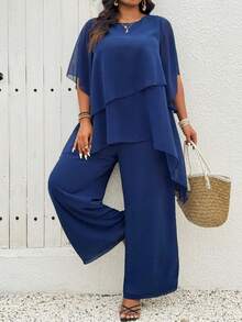 SHEIN CURVE+ 大码休闲宽松拼接雪纺袖上衣和松紧腰裤套装 - 藍色 - 查看 7