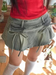 SHEIN ICON 女式百搭修身蝴蝶结细肩带A字迷你裙短裤 - 淺色水洗藍 - 查看 5