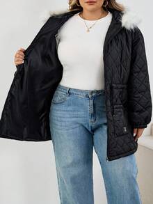 SHEIN CURVE+ Plus Size Women Front Zip Long Sleeve Pockets Fluffy Patchwork Casual Hooded, For Winter Quilted Jacket Winter Coat Outerwear Women Shackets For Women Oversized Jacket