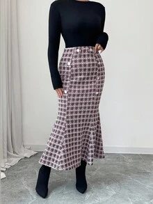 Elenzga Autumn/Winter Vintage Elegant Plaid Tweed Mermaid Hem Fitted Women Skirt - Multicolor - View 6