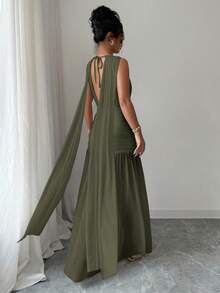 Vestido plisado con abertura y espalda descubierta de unicolor elegante para mujer, de verano - Verde militar - Ver 2
