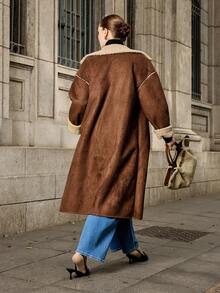 Easura Plus Size Women Faux Shearling Long Sleeve Mid-Length Jacket, Fashionable Winter Fall Autumn