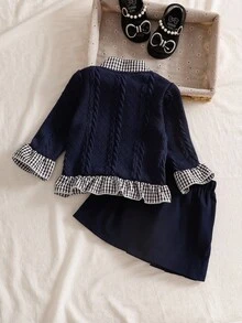 SHEIN 2件套女婴2025春秋长袖格子拼布上衣+黑色裙子套装