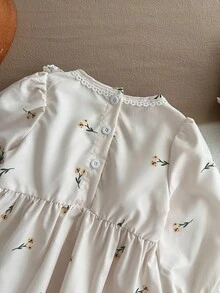 SHEIN 1 pieza Vestido de princesa de manga larga con bordado floral y lazo, falda de tul esponjosa, estilo dulce adecuado para fiesta de cumpleaños, otoño/invierno