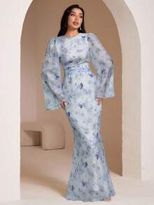 Veilorie Vestido ajustado de mujer con estampado completo y cuello redondo, elegante