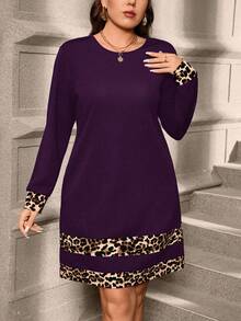 SHEIN Clasi Gaun Kasual Pendek Lengan Panjang Motif Leopard Ukuran Besar untuk Musim Gugur - Purple - View 4