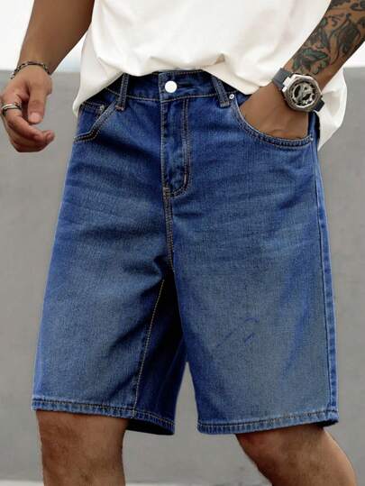 Manfinity Homme 男士简约纯色牛仔阔腿短裤（带口袋）